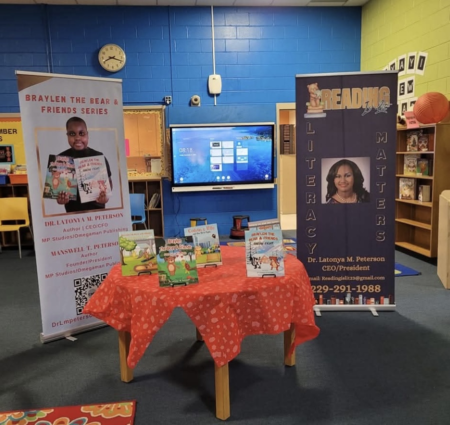 Reading Is Lit literacy display featuring the Braylen the Bear and Friends series